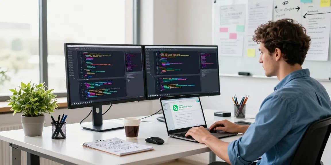 WhatsApp下載 in a modern office workspace featuring a developer coding on dual monitors with coffee and inspirational notes.