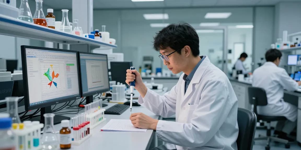 Koi Aminos research peptides showcased in a vibrant lab with scientists engaged in advanced studies, emphasizing innovation and scientific exploration.
