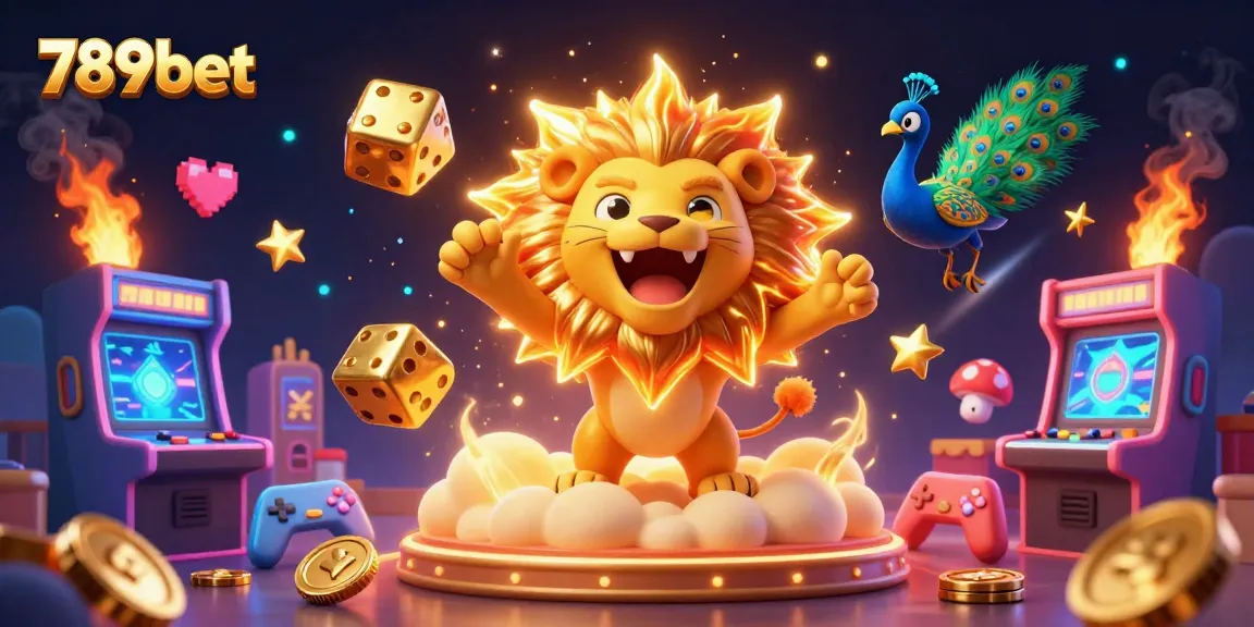 Experience 789bet's thrilling casino scene with a roaring lion, golden dice, and vibrant game elements.