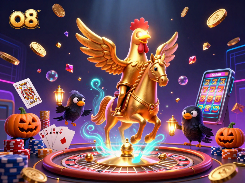 Experience luck and rewards with O8's golden rooster and casino adventure.