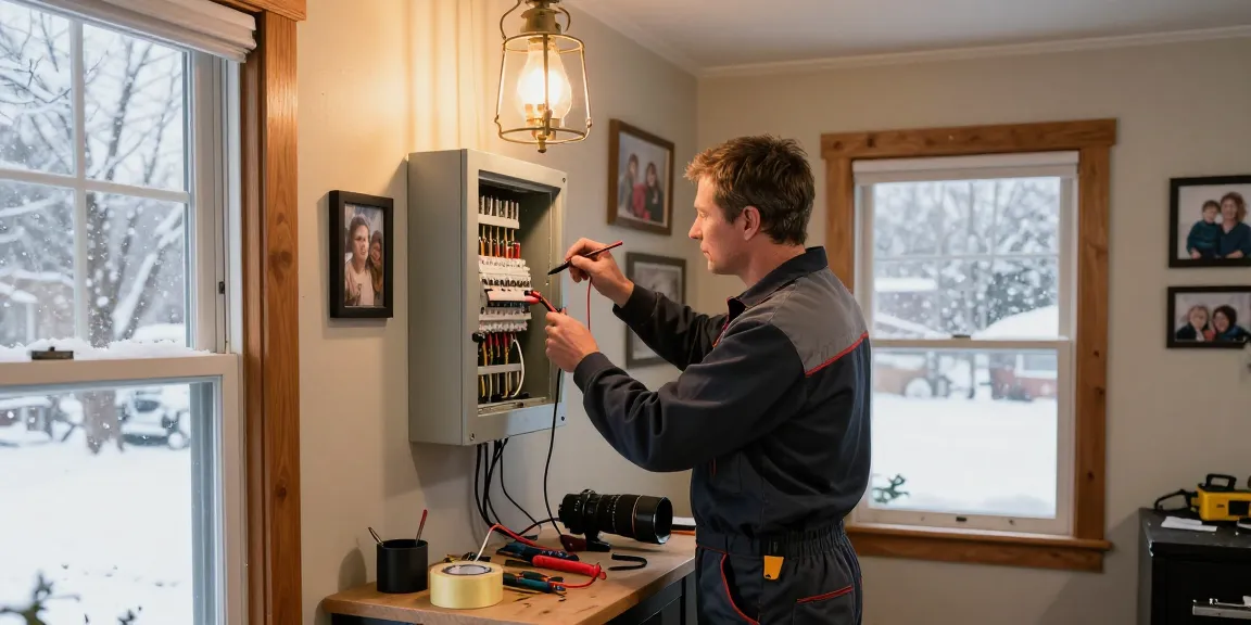 Electrician Stevens Point WI examining home electrical panel during winter service in a cozy living room.