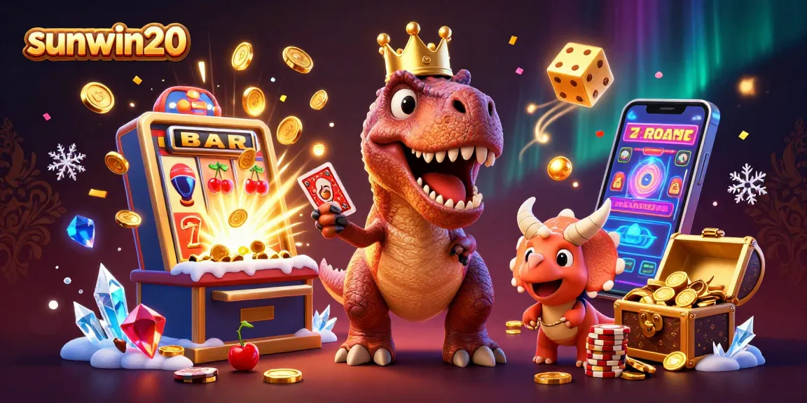 Engage with sunwin20 through a vibrant scene of a T-Rex, pterodactyl, and triceratops in a lively casino atmosphere.