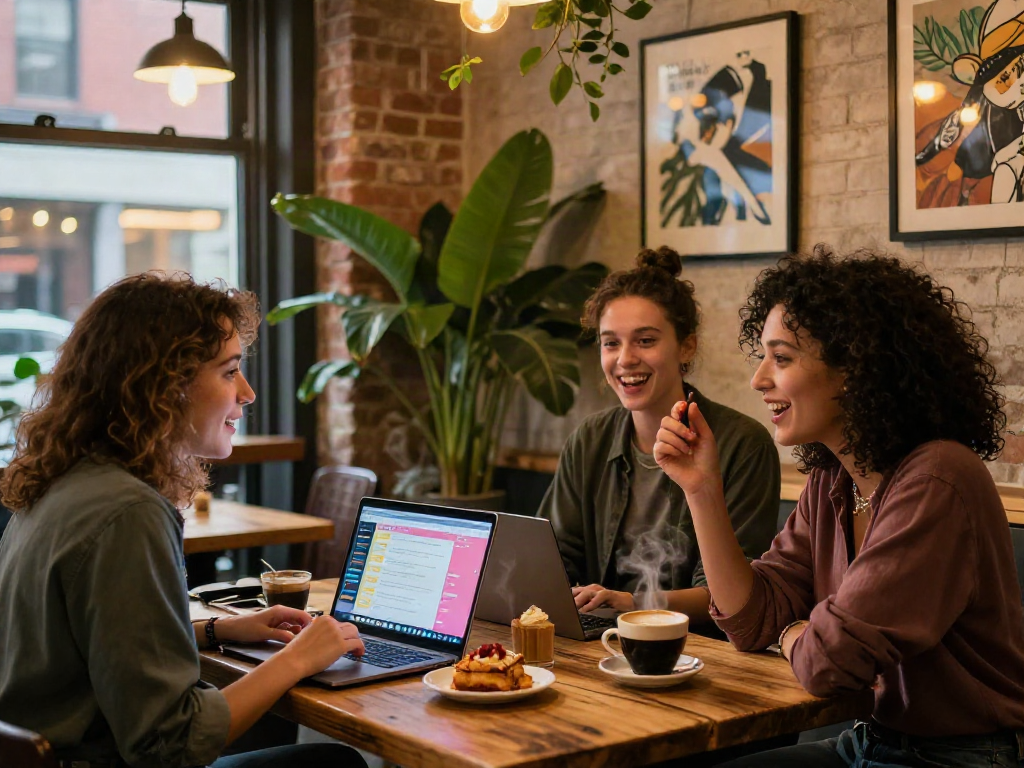 Engaging spicy chat between friends in a cozy urban coffee shop.