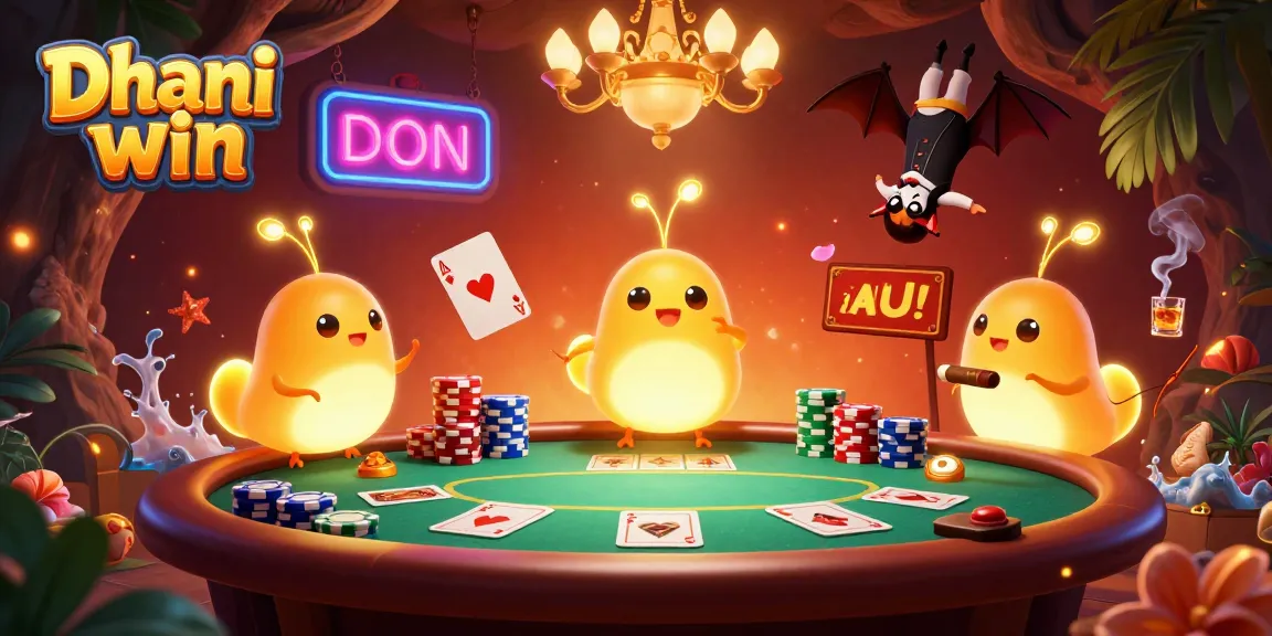 Dhani win glowworms illuminate a vibrant casino scene with poker elements and a bat dealer
