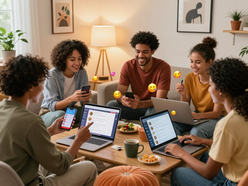Engaging spicy chat scene with friends using devices in a cozy digital environment.