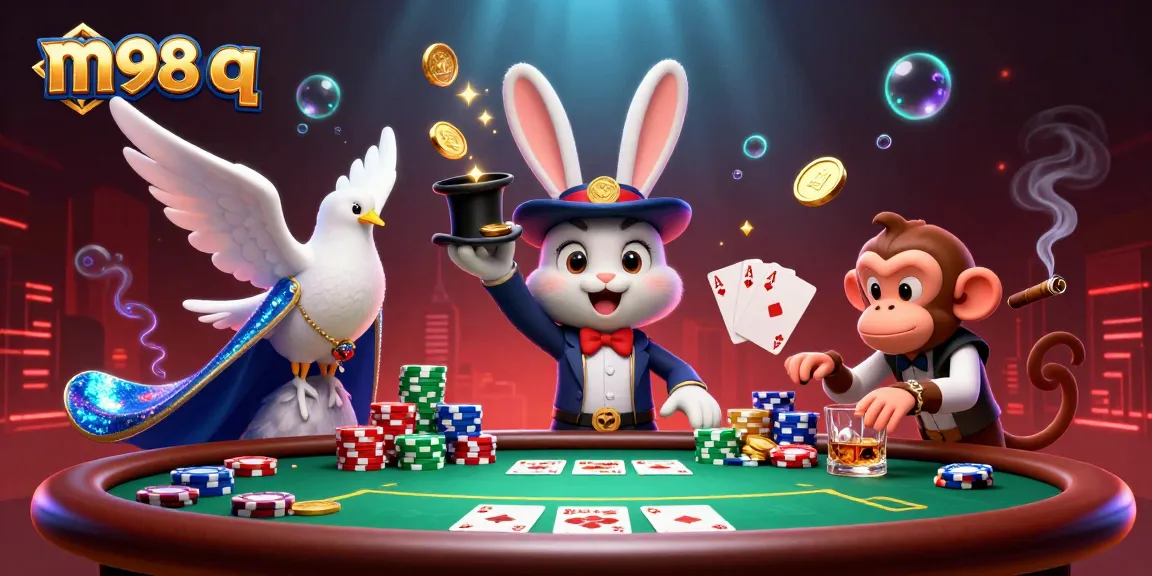 Engage in the magic of m98 q with a rabbit, dove, and monkey at a vibrant casino scene.