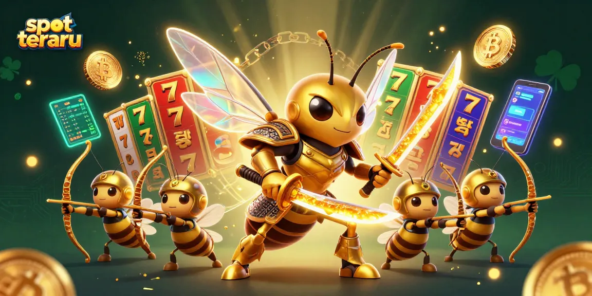 Slot terbaru showcase with a giant golden hornet and bee archers amid vibrant slot game elements.