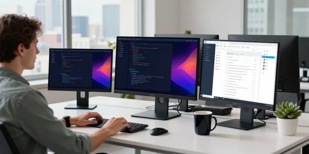 Developer utilizing instant indexing tools in a modern tech office, showcasing productivity and innovation.
