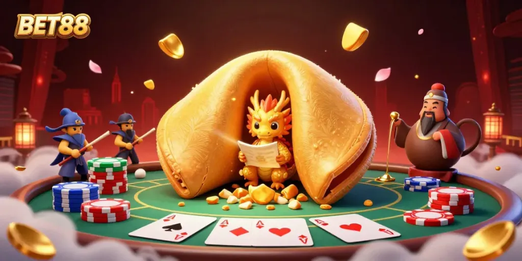 Engage in the thrilling world of BET88 with a vibrant 3D scene featuring a golden fortune cookie and poker game dynamics.