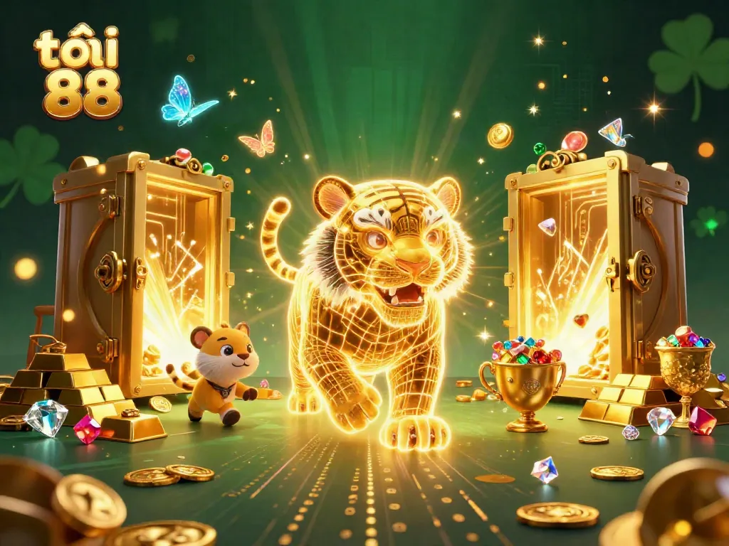 Experience the thrill of tải go 88 as a golden tiger prowls a digital casino full of treasures.