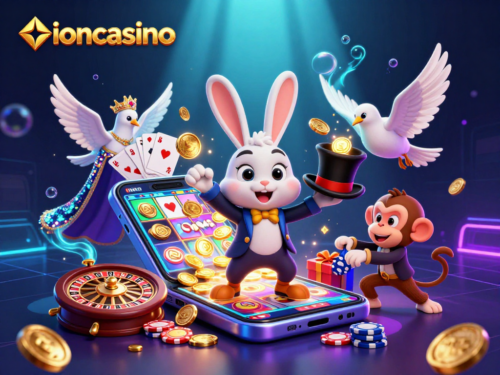 Engage with ioncasino's thrilling gaming adventures featuring a magician, dove, and monkey in captivating scene.
