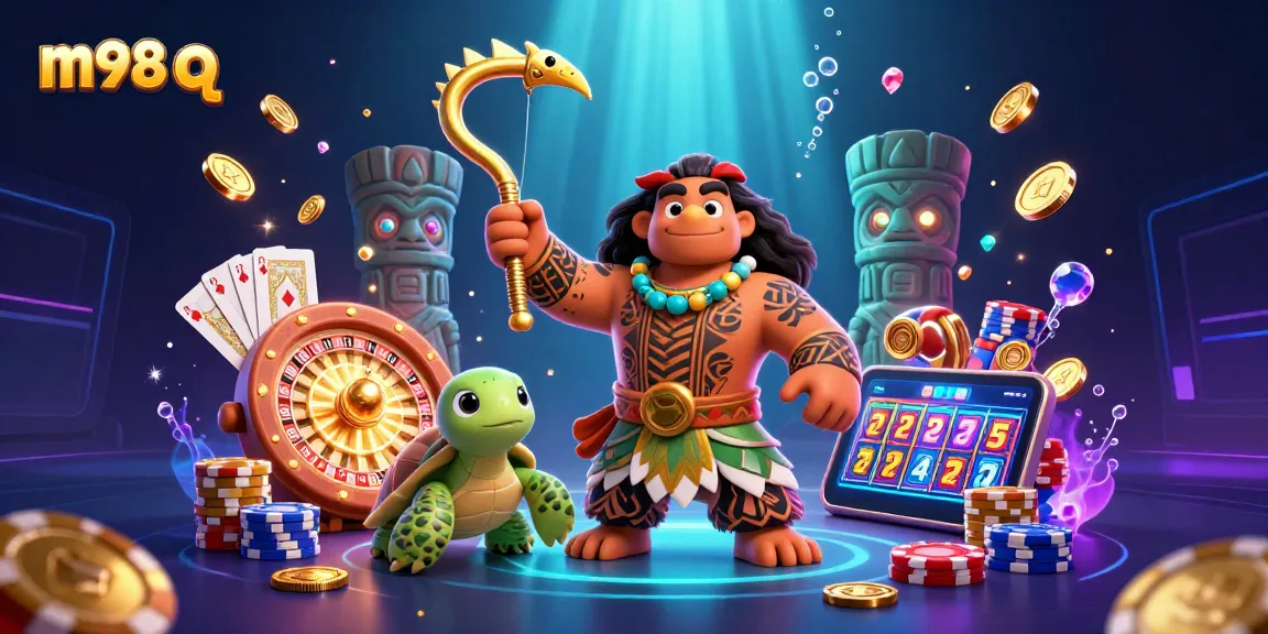 Engage in elite online betting with m98 q featuring a demigod and treasure elements amidst casino charm.