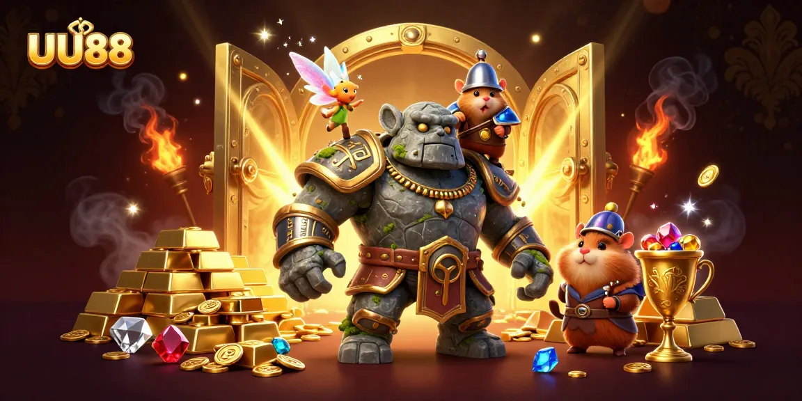 UU88 charms players with magical 3D scene featuring a golem, fairy, and hamster knight.