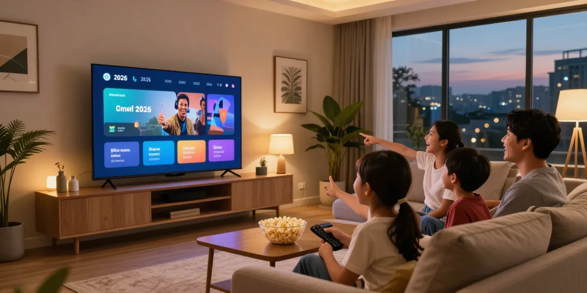 Enjoy family movie night with the latest OLED TV 2026 in a cozy living room.