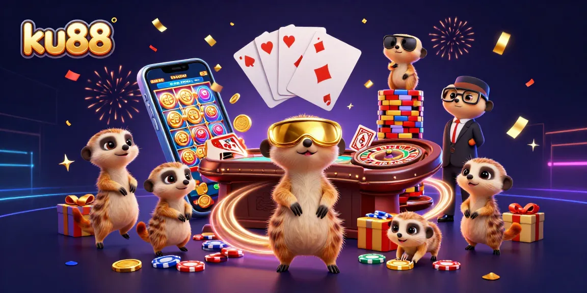 ku88 meerkats orchestrating a vibrant casino scene with dynamic gaming elements