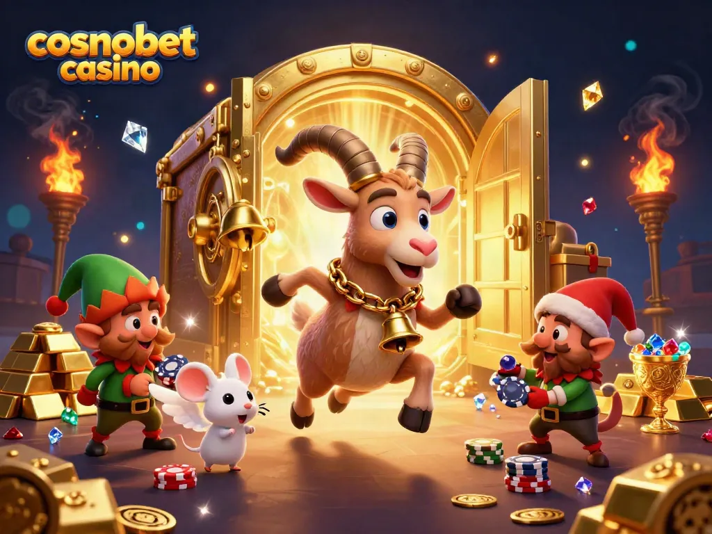 Engage with the thrilling cosmobet casino experience featuring festive characters amidst vibrant casino elements.