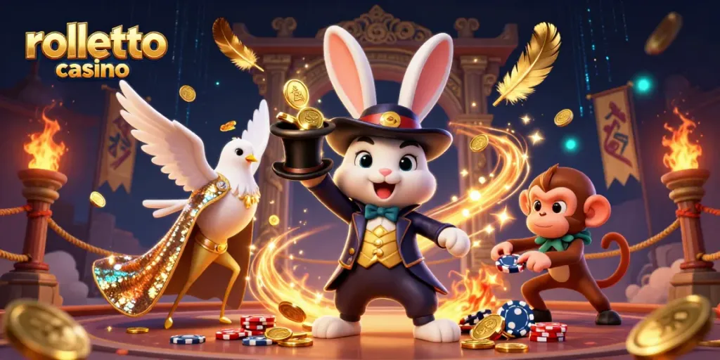 Immerse in the rolletto casino experience with 3D characters and vibrant casino elements.