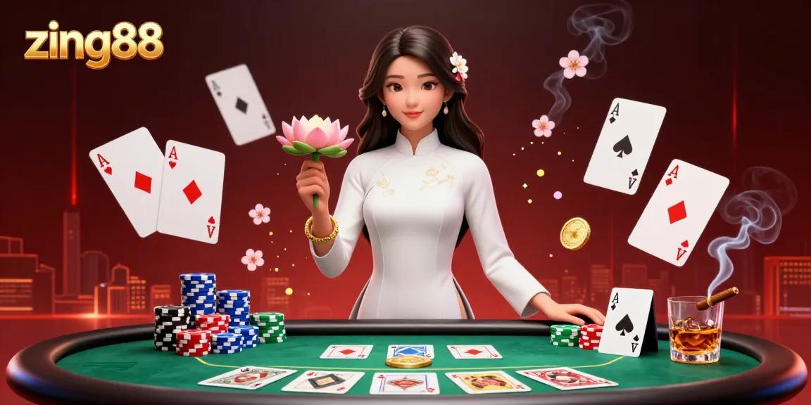 Experience the thrill of zing88 with an elegant Asian woman amidst glowing poker elements in an immersive casino scene.