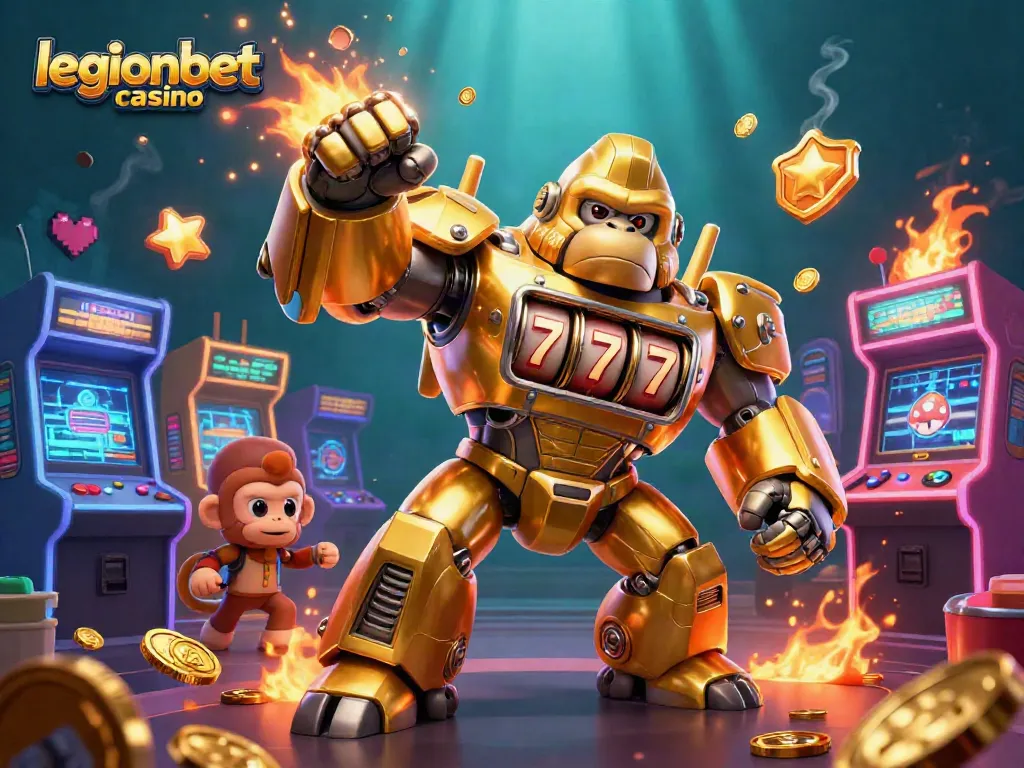 Experience the excitement of legionbet casino with the golden gorilla mech and vibrant game elements!