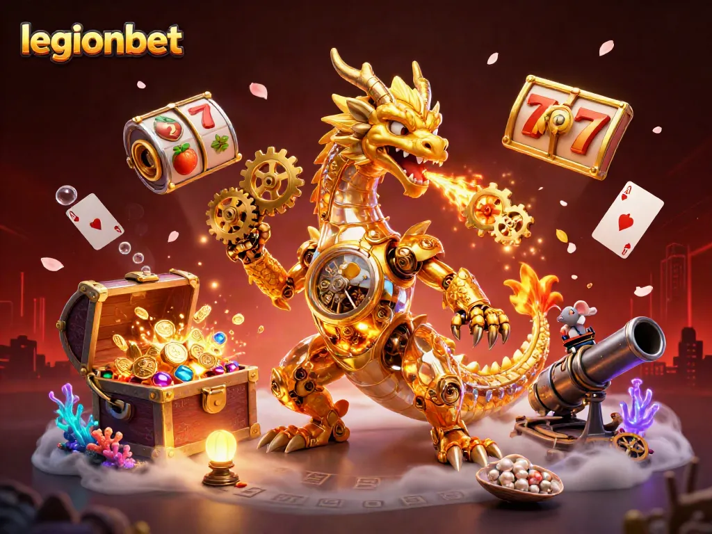 Engage in thrilling gaming adventures at legionbet, featuring vibrant slot reels and a golden dragon.