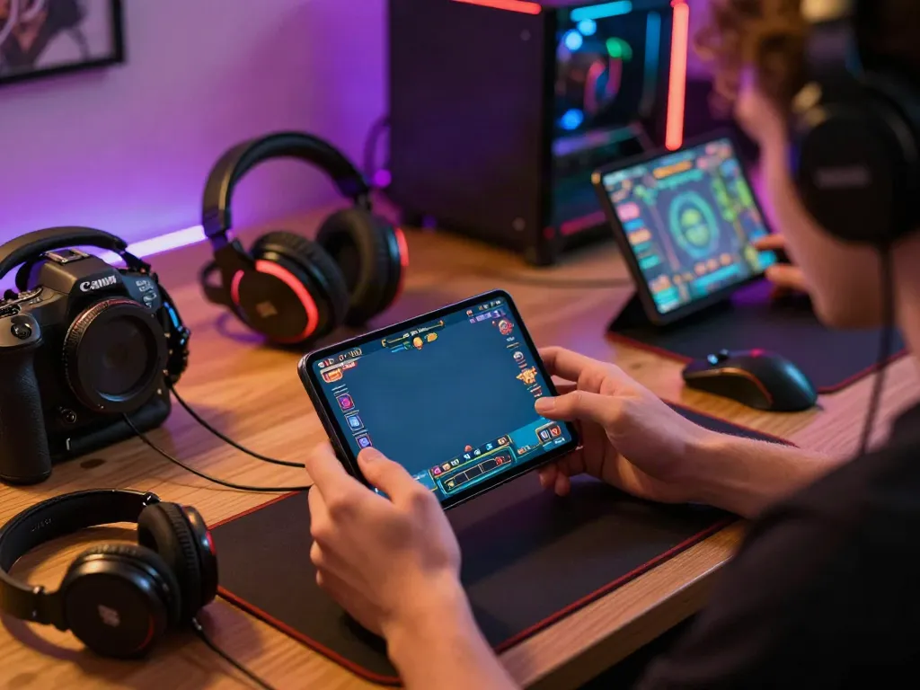 Person engaging in online betting on http://11bet-app.net/ with vibrant gaming interface and accessories.
