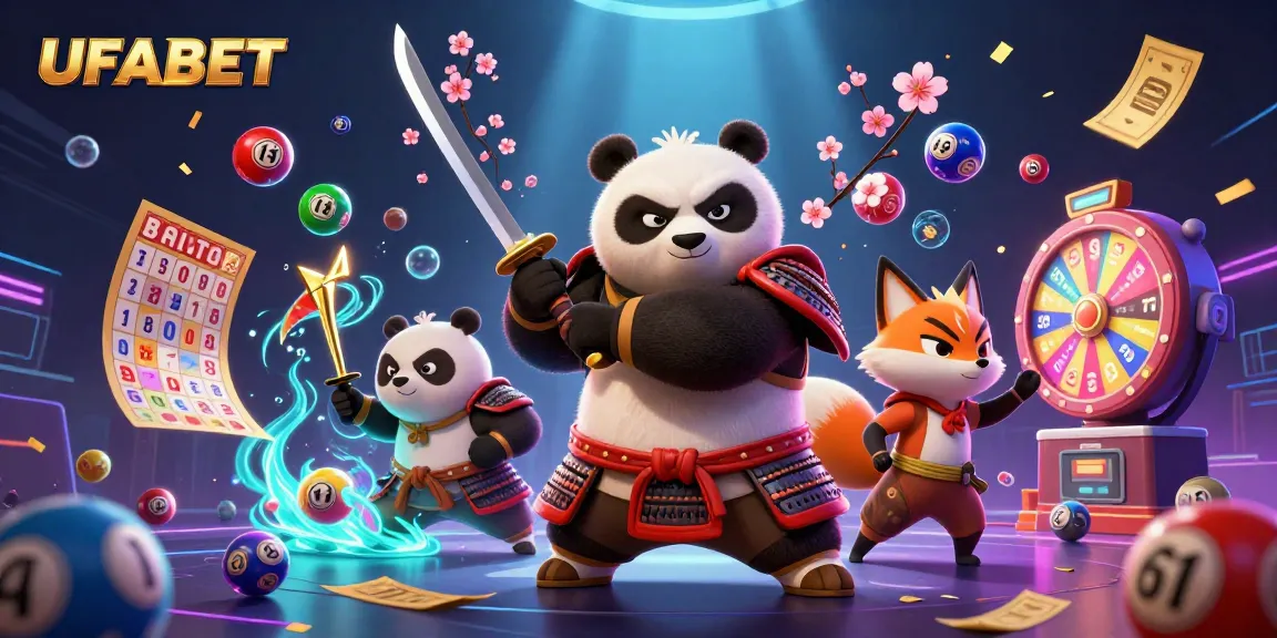 Win big with UFABET, featuring a vibrant 3D scene of a samurai panda and ninja fox amidst lottery balls and thrilling game elements.