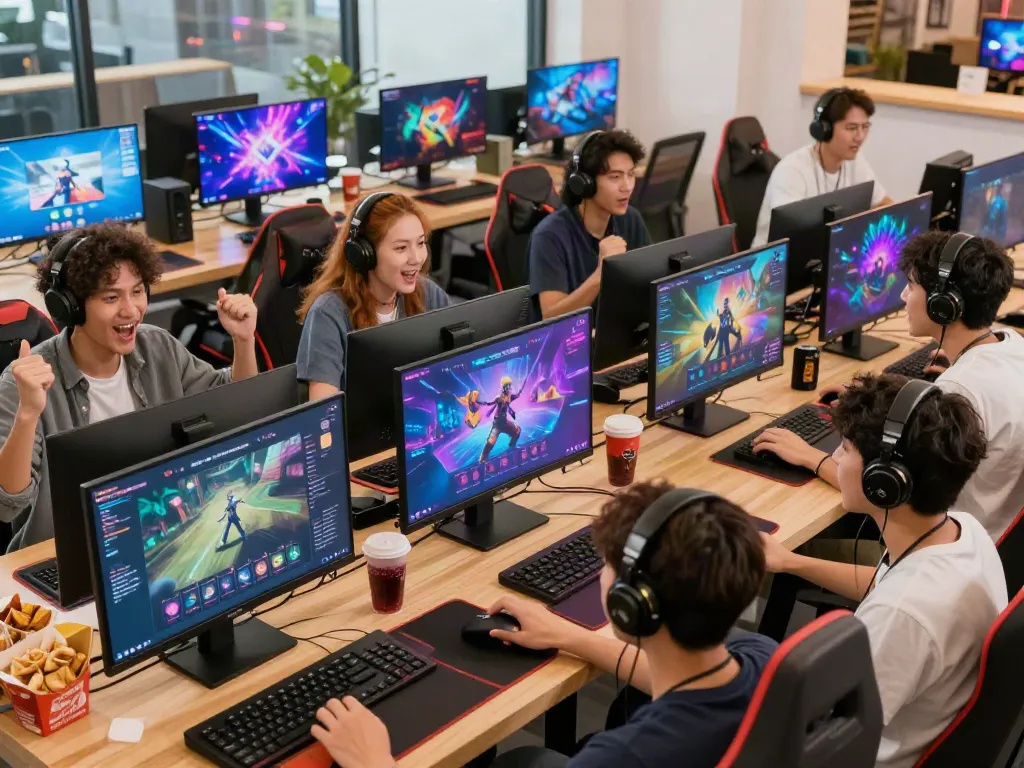 Players enjoying SIN88's vibrant online gaming platform in a lively lounge atmosphere.
