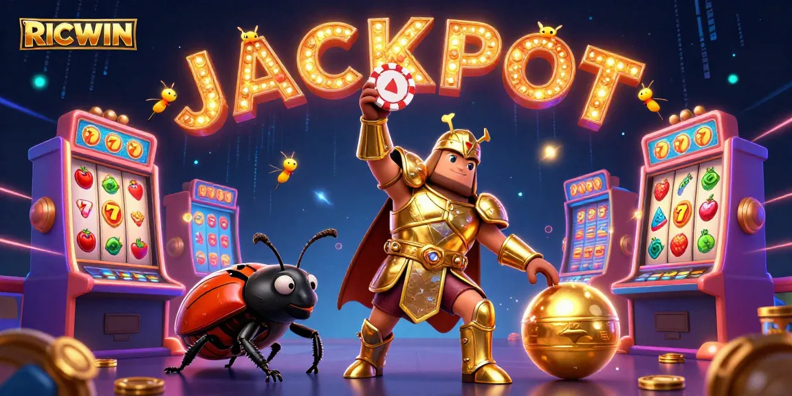 RICWIN showcases a triumphant beetle lifting a poker chip, surrounded by slot machines and winning elements.