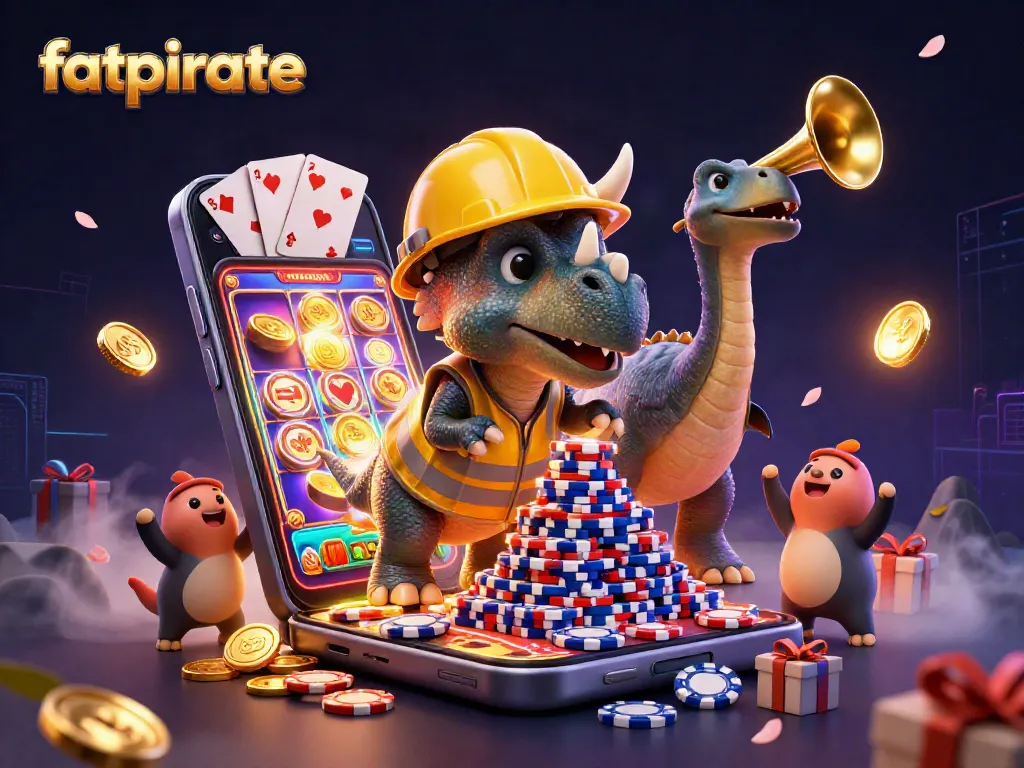 Engage with fatpirate in a vibrant 3D casino scene featuring fun characters celebrating a winning moment with poker chips.