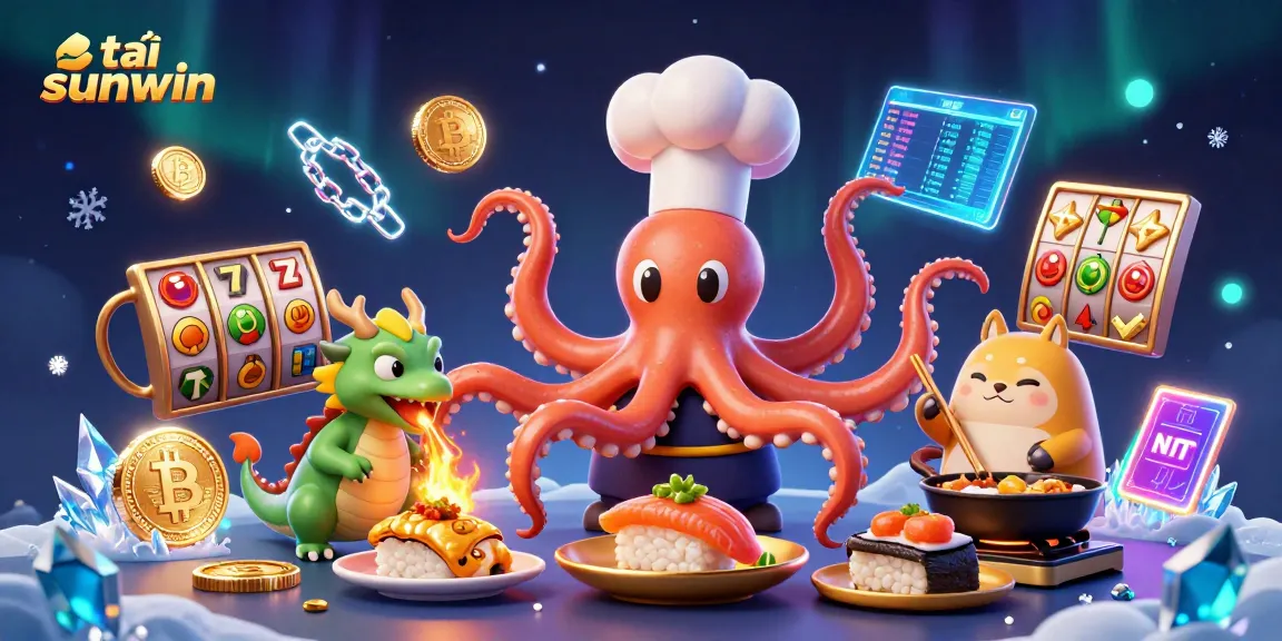 Engage with tải sunwin at this vibrant casino scene featuring an octopus chef, dragon, and tanuki.