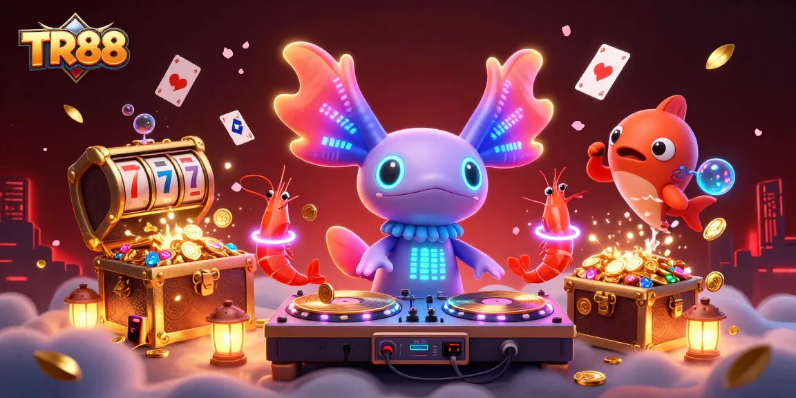 Experience the excitement of TR88 with a vibrant casino scene showcasing the axolotl DJ and dynamic game elements.