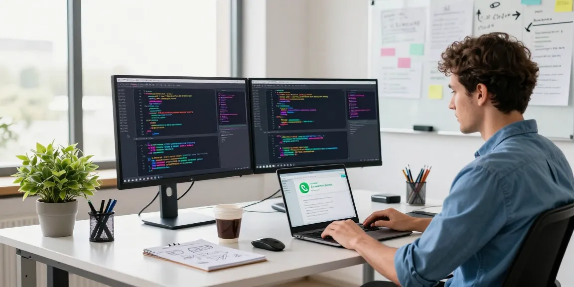 WhatsApp下載 in a modern office workspace featuring a developer coding on dual monitors with coffee and inspirational notes.