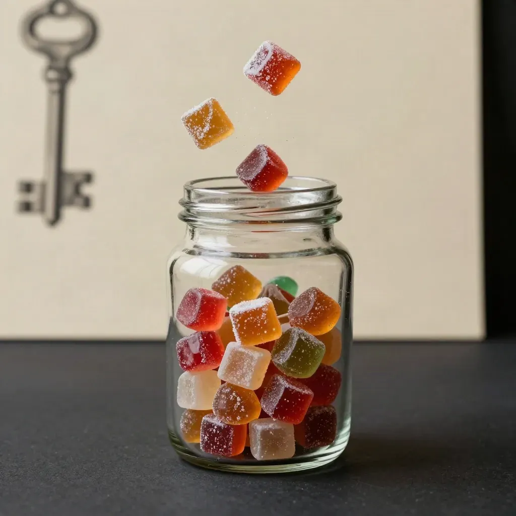 Glass jar of retro sweets with a few candies drifting beside it on a dark studio surface.