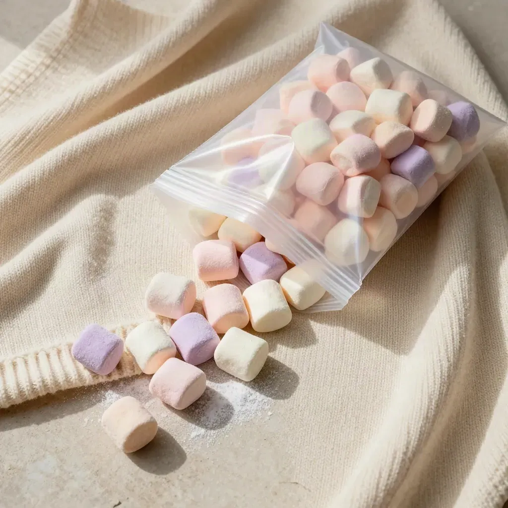 Overhead marshmallow mix bag half-sunk in cream knit with pastel marshmallows