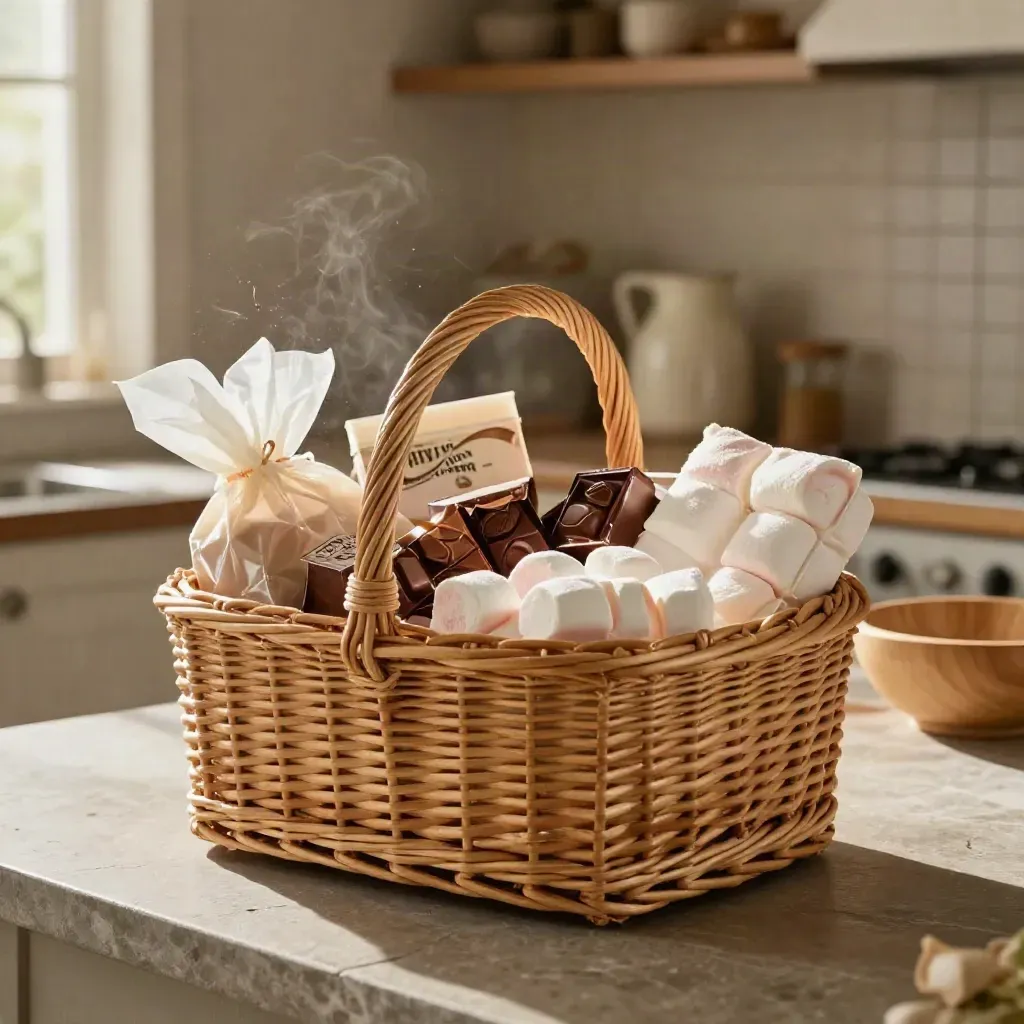 Wicker sweet hamper opening on a stone island with sweets and marshmallows