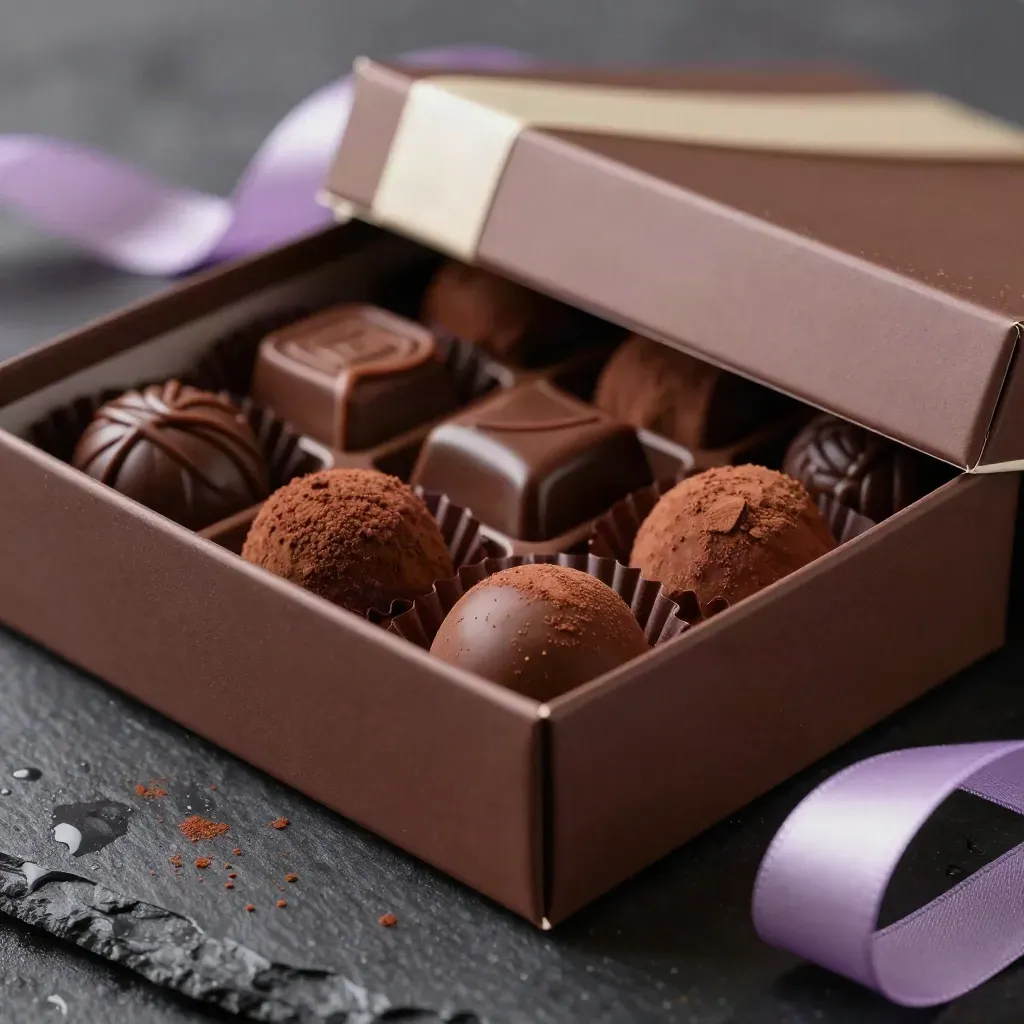 Open chocolate gift box on damp slate with neat chocolates and a ribbon curl