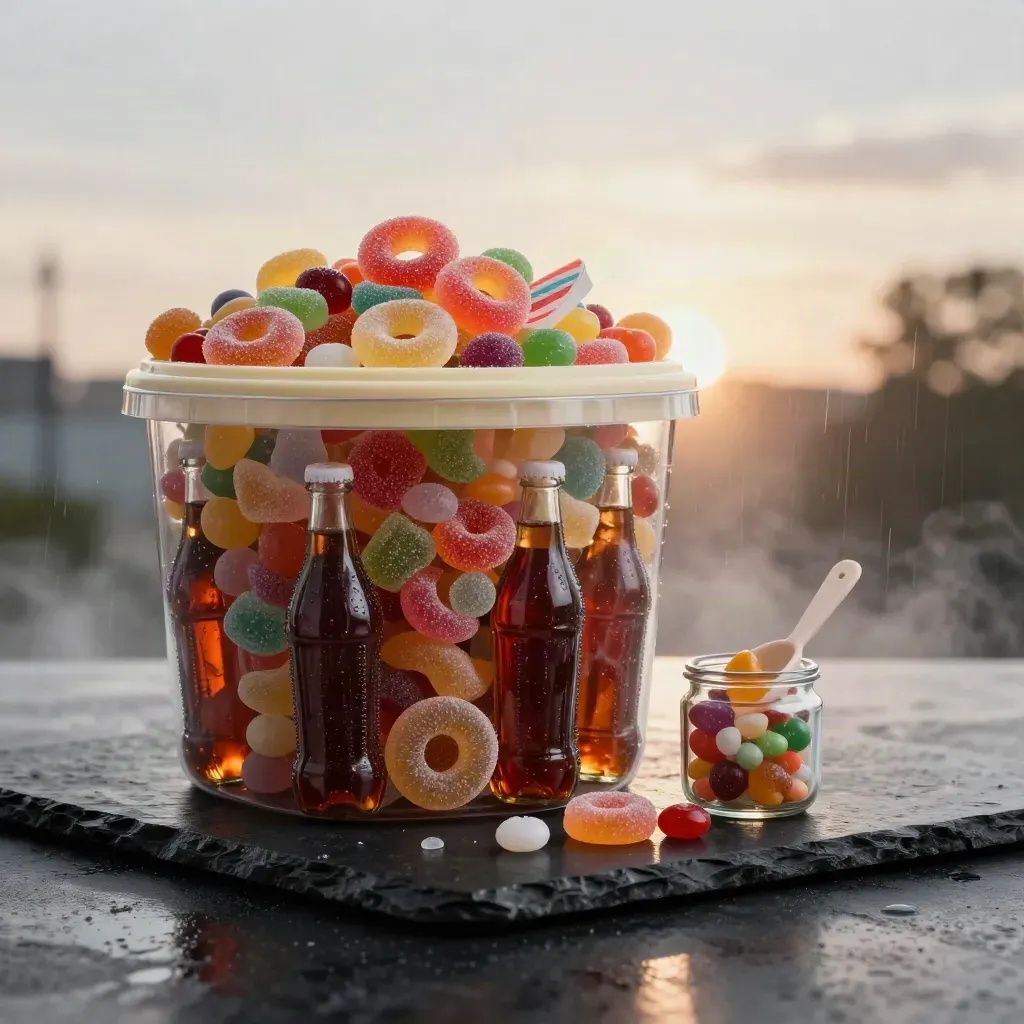 Clear tub of retro sweets on wet black stone with jar, scoop, and gummy rings.