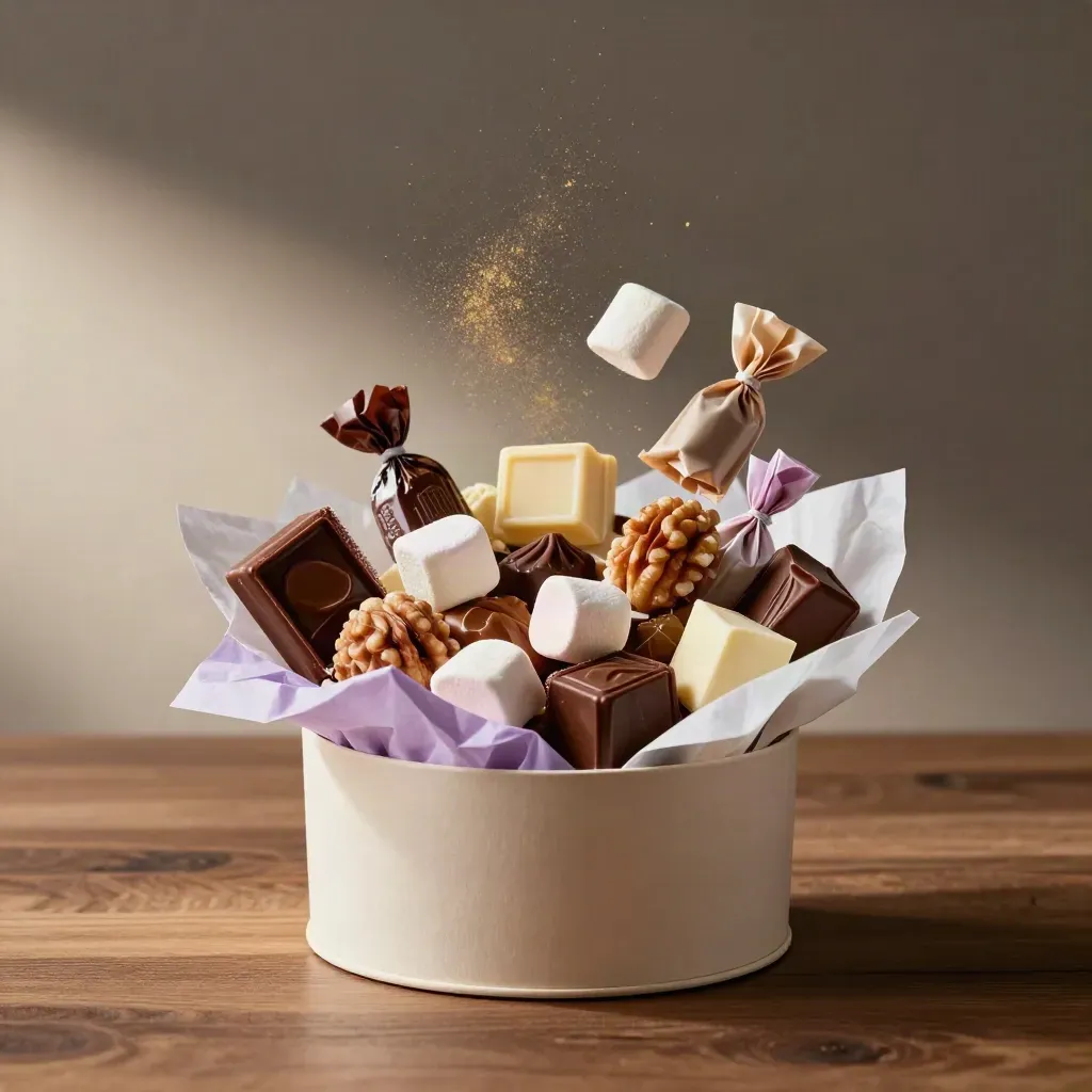 Opened sweet hamper box with mixed sweets, marshmallows and chocolates on walnut wood