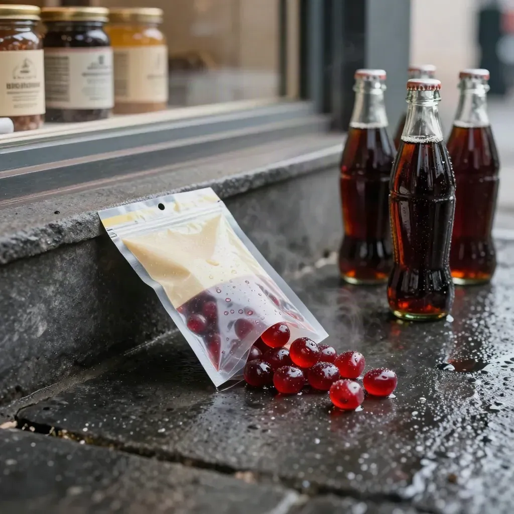 Clear pouch of cola bottle sweets on a wet stone slab with cool mist.