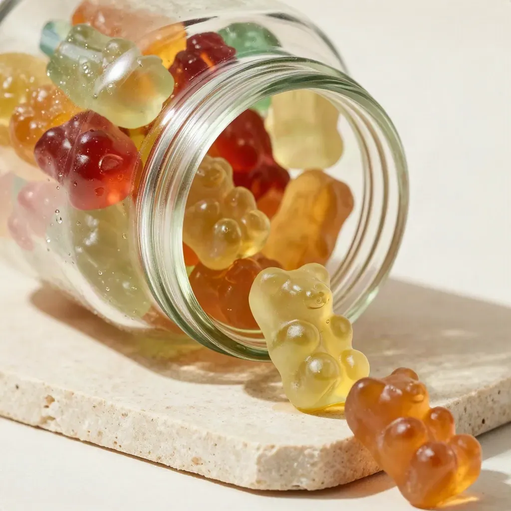 Macro glass jar of rainbow gummy bears rolling onto pale stone with condensation and mist