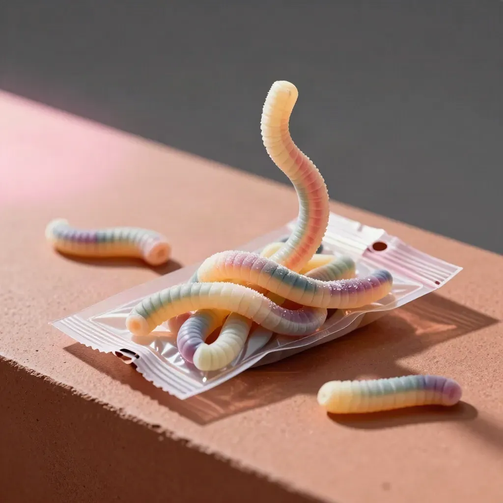 Clear sour worms pack spilling rainbow sweets with a paper scoop on terracotta concrete.