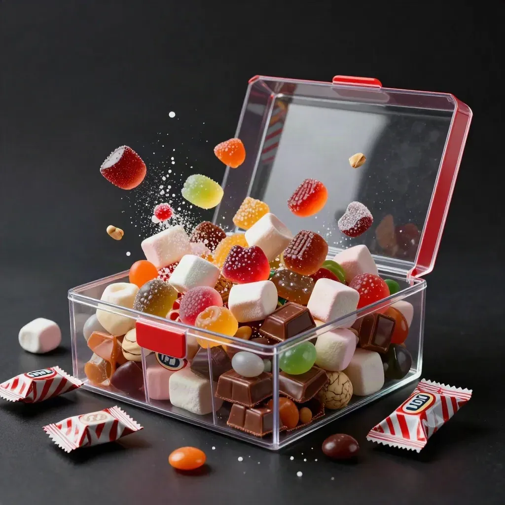 Open sweet box of gummies, chocolates and marshmallows bursting on a dark studio surface.