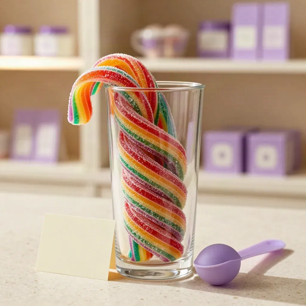 Clear tub of rainbow fizzy belts on travertine with lilac scoop and soft boutique background.