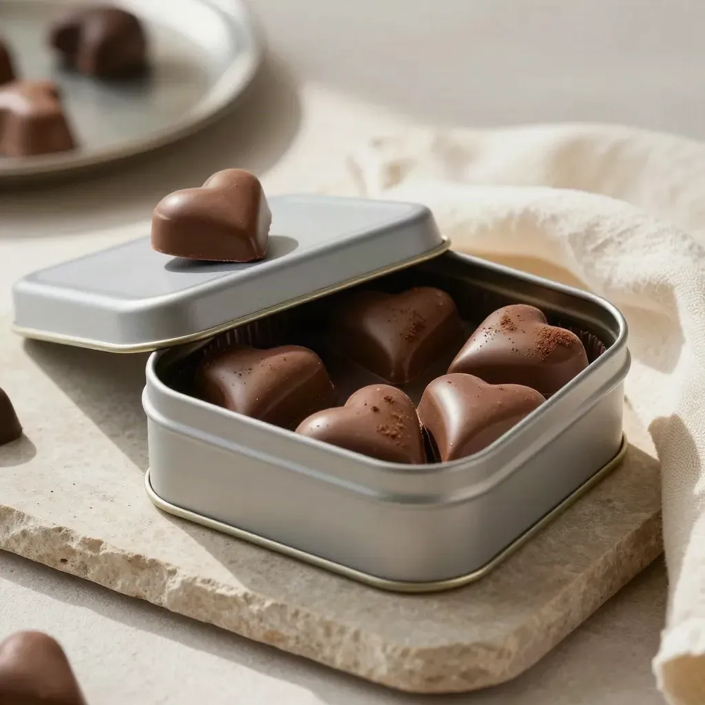 Open tin of milk chocolate hearts on stone, one heart on the lid, warm soft light