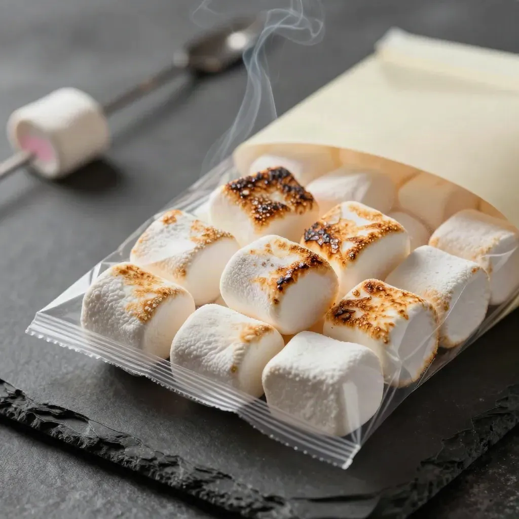 Macro of caramelised roast marshmallows in a clear bag beside slate and a blurred skewer.