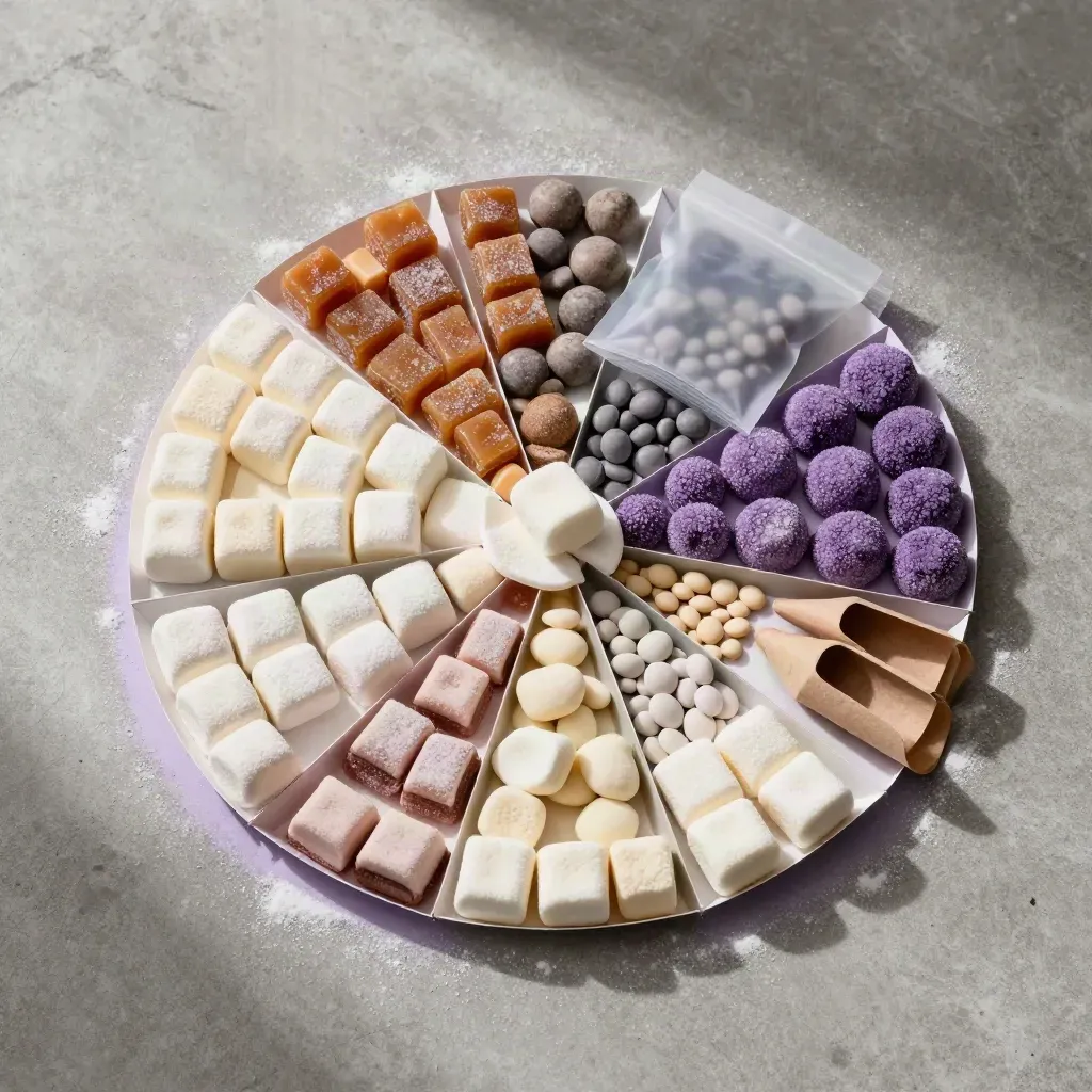 Top-down flatlay of assorted sweets in paper trays and bags arranged like a neat colour wheel.