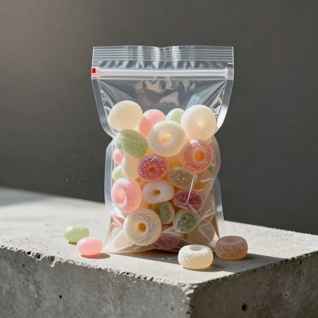 Clear pick-and-mix pouch leaning on stone with spilled sweets and sugar dust