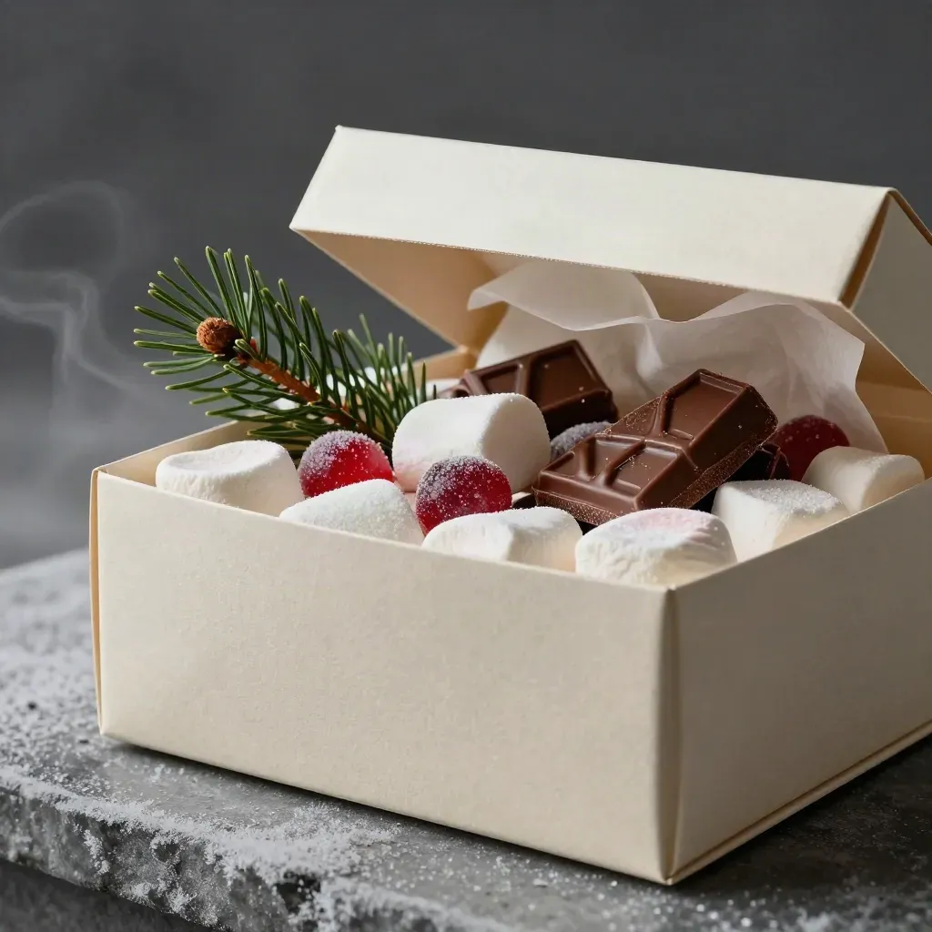 Half-open winter treat hamper with marshmallows, chocolate, retro sweets and pine sprig in frosted light.