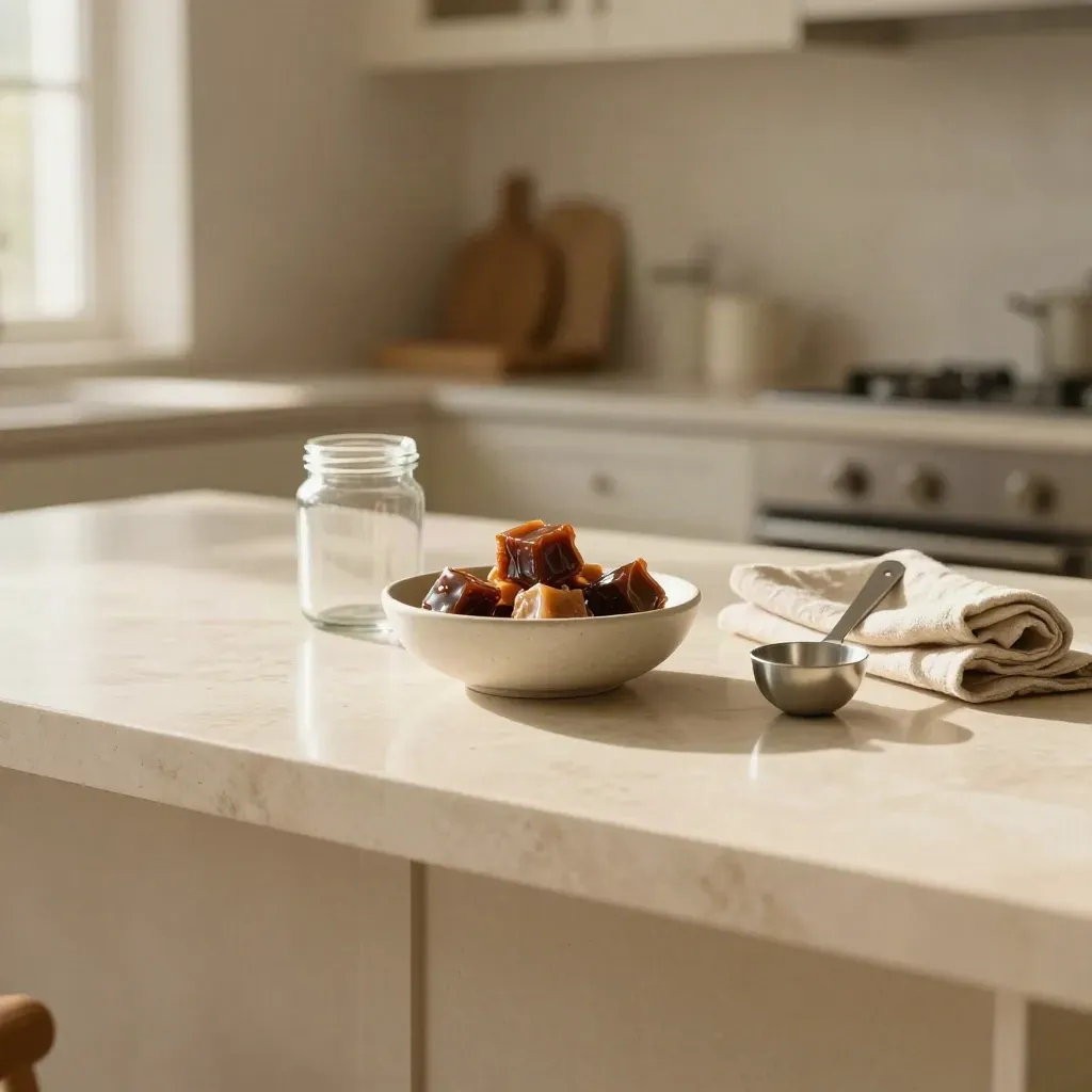 Cream marble island with sweets bowl, glass jar, and warm blurred kitchen arches