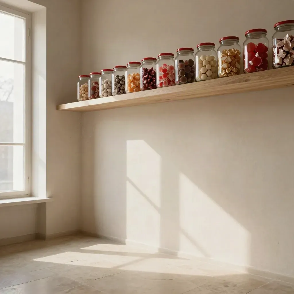 Sunlit plaster arcade with high shelves of candy jars and a calm open floor for copy
